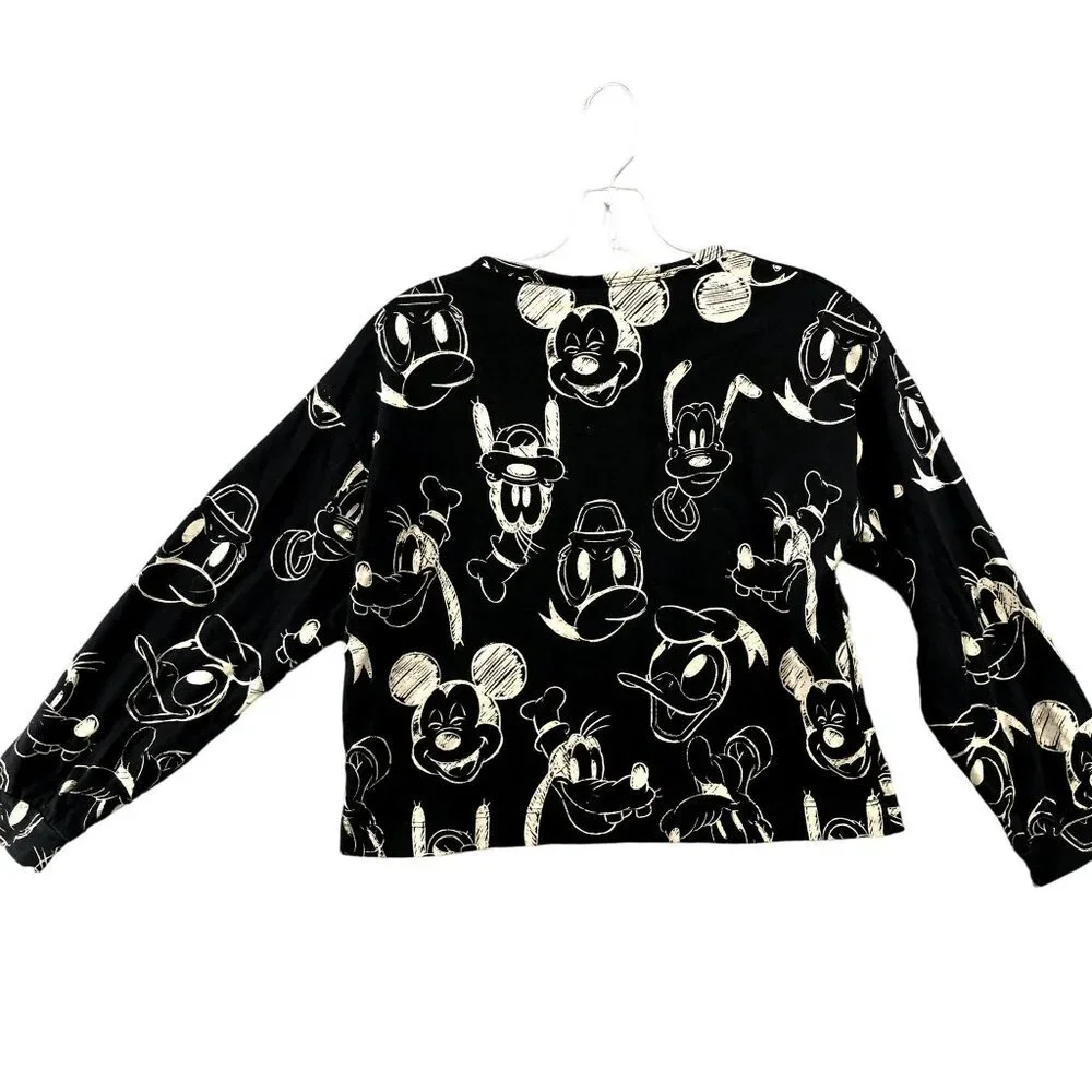 Zara Girls 13-14 Disney Long Sleeve Cropped T Shirt Black Beige Mickey & Friends